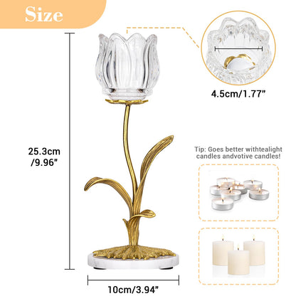 Anpdasi Candle Holder, Cut Rose Shaped Brass Candle Holder High-end Light Luxury Creative Art Crystal Glass Flower Candle Sticks Holder Decor Marble Disc Base Romantic Ambiance Table Decoration