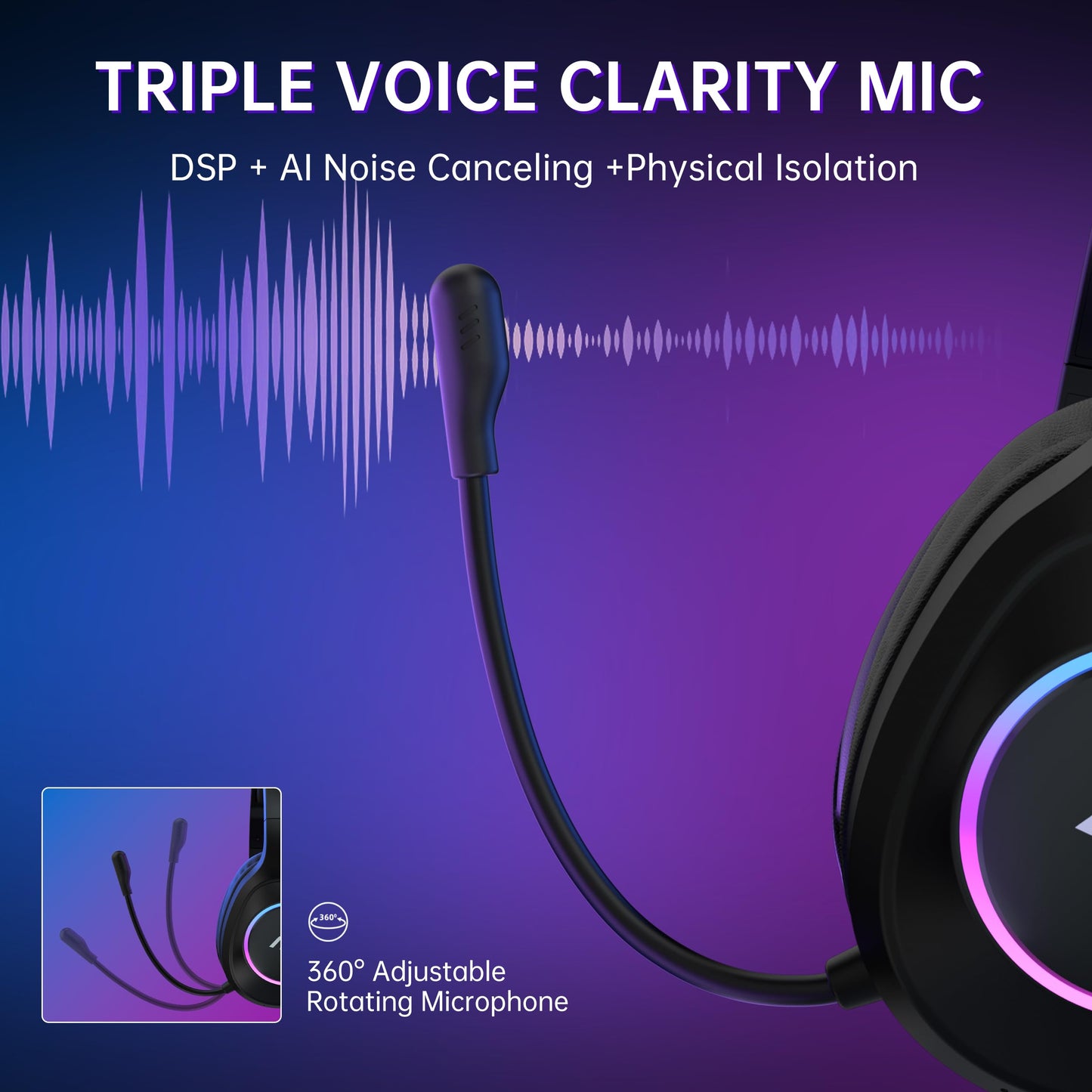 AOC Wireless Gaming Headset Compatible with PS5/4, Nintendo Switch, PC, Bluetooth 5.4 & 2.4GHz Gaming Headphones with Noise Canceling Mic, RGB, Type-C, 20ms Latency, 45H, 7.1 Virtual Surround- Black