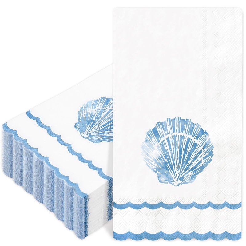 FYSUIMU 100 Pcs Blue Seashell Guest Napkins Sea Shell Scalloped Disposable Napkins Ocean Dinner Paper Hand Towels for Bathroom Summer Holiday Party Table Supplies