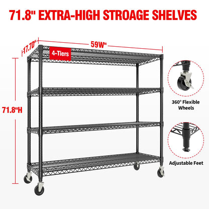 Metal Shelving Unit with Wheels, 72"H x 59"W x 17.7"D Garage Storage Shelves 4-Tier, Heavy Duty 2640LBS, Adjustable, Industrial Wire Rack Shelving Organizer, for Basement Home Office Kitchen, Black