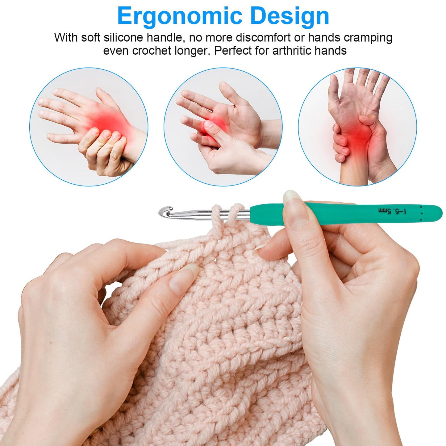 Crochet Hooks 12 Sizes Crochet Hook Set, 51 Pack Yarn Crochet Kit for Beginners, Knitting Needles with Ergonomic Handles for Arthritic Hands, Crochet Needle Kit with Blue Case for Crocheters