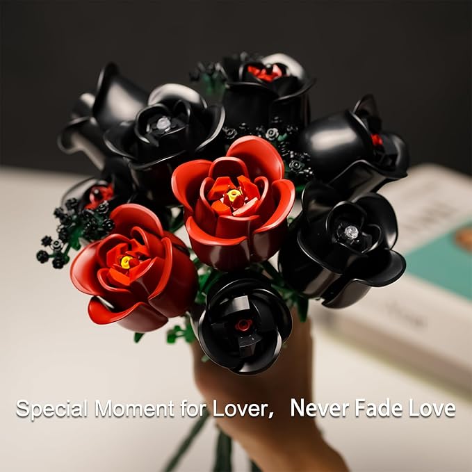 ENJBRICK 12 Pack Gothic Black Roses Building Set Compatible with Lego Red &amp Black Flower Bouquet with Baby's Breath Unique Romantic Gifts for Women Aesthetic Home Decor