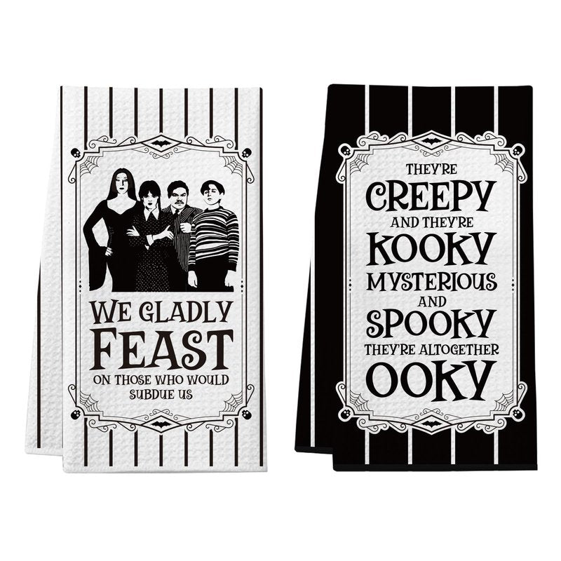 Cheroloven Halloween Kitchen Towels, Funny Addams Family Hand Towels, 2 Pack Gothic Dish Towels， Spooky Home Bathroom Decor Party Favors, Addams Family Merch Gifts for Women Men