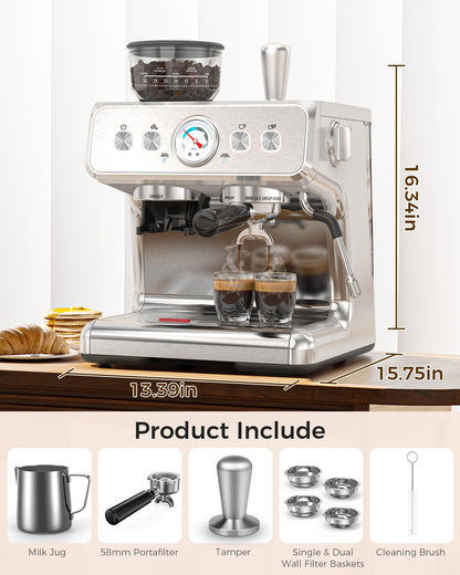 COWSAR Dual Boiler Espresso Machine with Grinder, Commercial Expresso Coffee Machines,Use Milk Frother and Brew Coffee Machine Simultaneously, Coffee Maker Cappuccino Latte, 95oz Water Tank