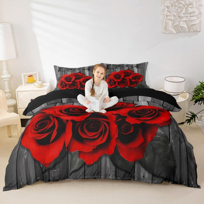 Erosebridal Red Rose Bedding Set King Red Black Valentine's Day Comforter Cover for Girls Women Men Couple,Romantic Floral Duvet Cover Rustic Farmhouse Bed Set with Zipper 2 Pillow Cases Grey