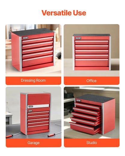 VEVOR Metal Tool Box, 8.6-inch, Portable Metal Tool Box with 5 Drawers, Small Tool Chest with EVA Liners and PP Feet Pads, Heavy-Duty Steel With Ball Bearing Opening and Powder Coated Finish, Red