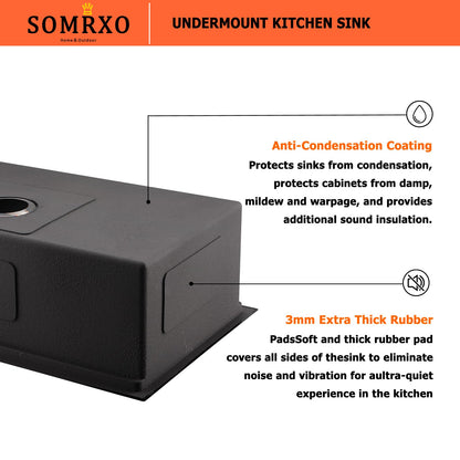 SOMRXO 28 Inch Undermount Kitchen Sink Black - 16 Gauge Black Satainless Steel Kitchen Sink Undermount 28x18,10 Inch Deep Single Bowl Workstation Sinks with Accessories