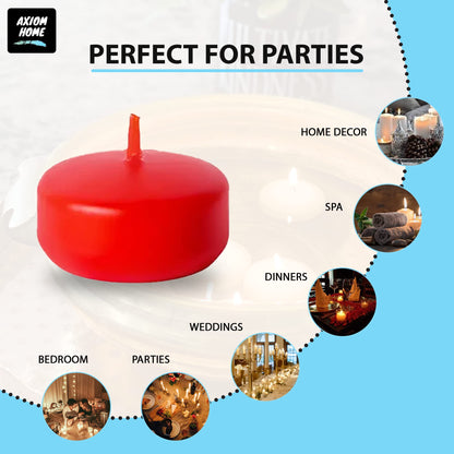 Axiom Red Floating Candles for Centerpieces - Floating Candle 2 inch Hand-Rolled Paraffin, Cotton Wicks, 4-Hour Clean Burn (Red (Unscented), 24 Count)