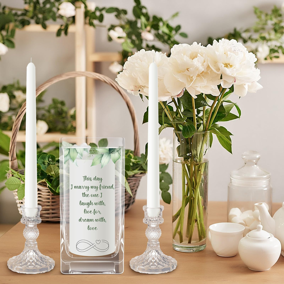 FoldTier Unity Candles with Holder for Wedding Ceremony Set 1 6" Pillar 2 9.8'' Taper Candles 3 Candlestick for Religious Formal Events Church(Green Leaf)
