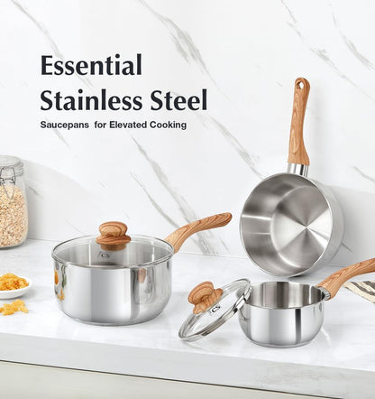 KOCH SYSTEME CS Stainless Steel Saucepan, 2 Quart Saucepan with Lid & Heat-resistant Bakelite Handle, Tri-ply Bottom Steel Sauce Pan with Lid, Induction Ready, Stainless Steel Pot 2QT
