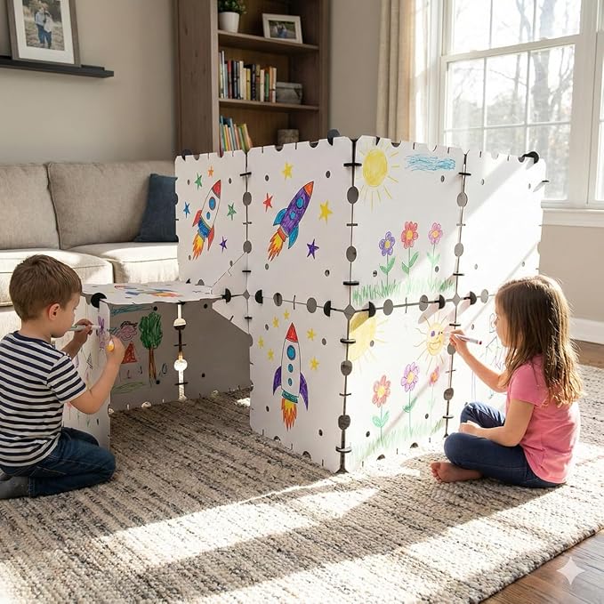 Cardboard Fort Building Kit – Giant Indoor Kids Fort Builder – Create Life Size Castles Tunnels &amp Mazes – Durable White Panels Reusable Connectors &amp Compact Storage Box – STEM Toy Ages 4+