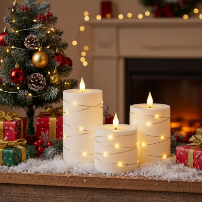 Raycare Flameless Candles with Remote Timer, Flickering Battery Operated LED Pillar Fake Candle with String Lights for Home Decor, Christmas, Wedding and Gift, White, Set of 3