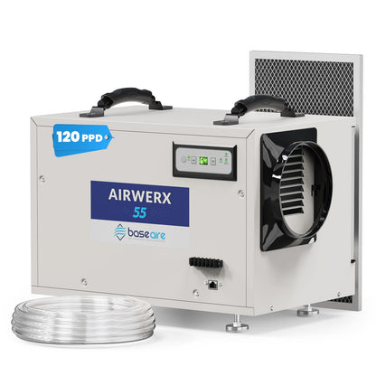 BaseAire Crawl Space Dehumidifier,113 Pint Dehumidifiers with Drain Hose for Basement, Commercial, Industrial, Portable, Auto Defrost, Memory Starting