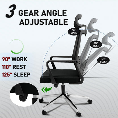 Ergonomic Office Chair,High Back Desk Chair with 3 Gear Tilting Backrest and Adjustable Headrest,400lbs Weight Capacity Integrated Metal Base with Swivel Wheels,Comfort Breathable Mesh