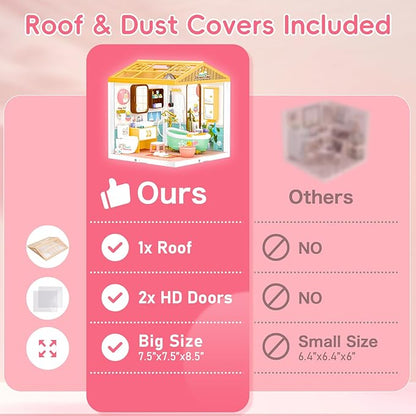 LED Building Blocks for Adults 1:24 DIY Miniature Dollhouse Kits with Roof &amp Dustproof Cover Tiny House Toy Building Sets for Kids Ages 8-12-15 Birthday Hobbies Gift for Men Women Boy Girl