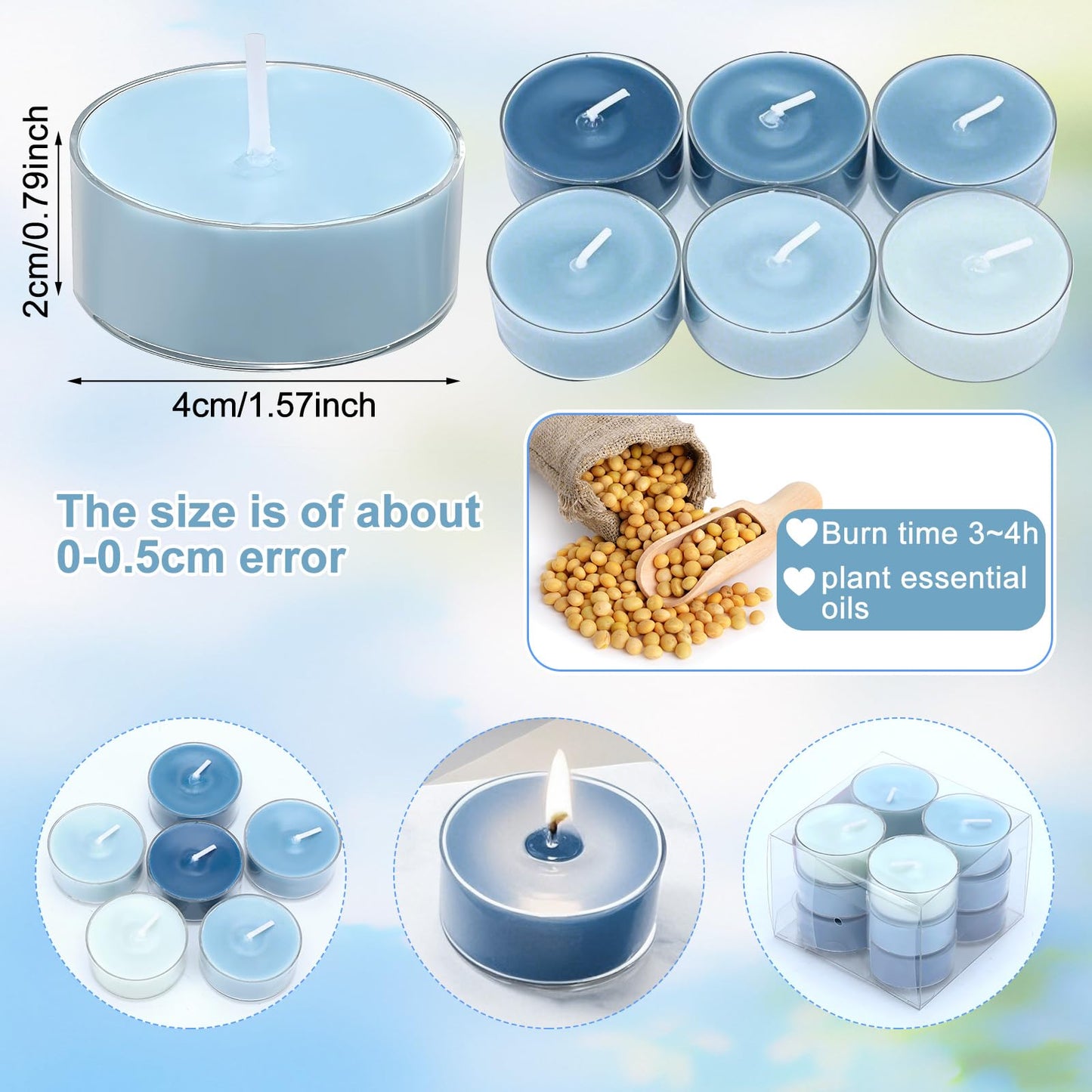 Honoson 12 Pack Blue Tea Lights Candles Blue Round Tea Light Natural Wax Scented 6 Scents Conversation Candle for Spring Easter Wedding Engagement Gifting Aromatherapy Anniversary Summer Home Decor