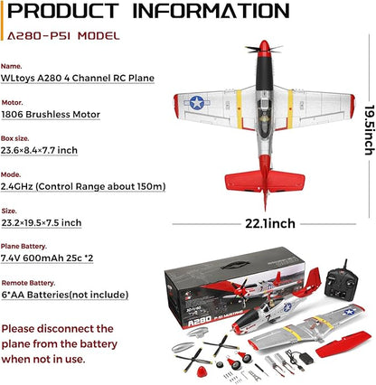 CKYSCHN WLtoys XK A280 RC Airplane P51 Mustang 4 Channel RC Plane with Lights 6G/3D Brushless RC Planes 2.4G Remote Control Airplane Hobby RC Planes Gifts for Adults