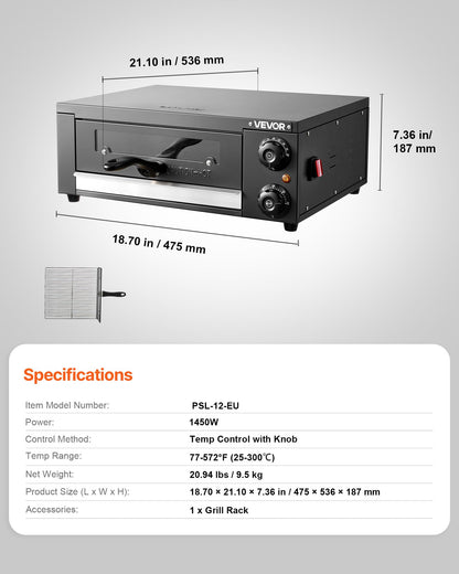 VEVOR Electric Pizza Oven, 12 in Countertop Pizza Oven, 77 to 572°F Temp Range, 1450W Indoor Pizzas Maker w/Timing & Temp Control, Pizzas Cooker w/Dual Heat Tube, Grill Rack, for Kitchen & Commercial