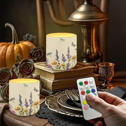 Cozeyat Lavender Dragonfly Advanced LED Flickering Candles Set of 4 Battery Operated Flameless with Remote Timer Waterproof for Indoor Outdoor Table Long Lasting