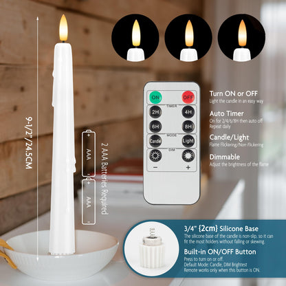 SEHNSY Dripless Flameless Taper Candles 9.6", Battery Operated LED Candles with Remote and Timer, Unique Candlesticks with 3D Flame for Wedding Decor, 6 Pack White