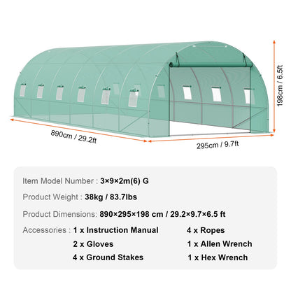 VEVOR Walk-in Tunnel Greenhouse, 29.2x9.7x6.5 ft Hoop House Greenhouse Tunnel, Plant Hot House with Galvanized Steel Frame, Green PE Cover, Roll-up Zipper Door and 12 Windows for Outdoor