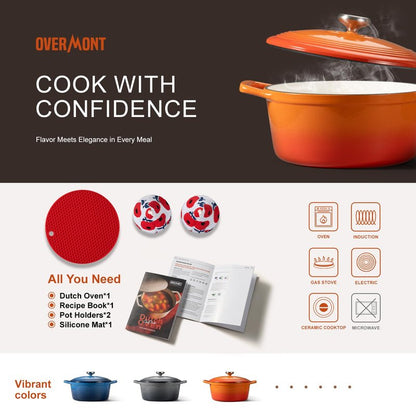 Overmont Enameled Cast Iron Dutch Oven - 5.5QT Pot with Lid Cookbook & Cotton Potholders - Heavy-Duty Cookware for Braising, Stews, Roasting, Sourdough Baking Orange