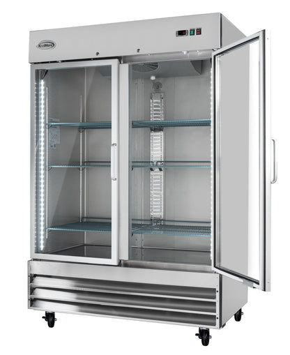 KoolMore Commercial Stainless-Steel Upright Freezer with Reach-In Self-Close Glass Doors, 6 Storage Shelves, Heavy-Duty Caster Wheels, Frost-Free Temperature Control - 47 Cu.Ft [Silver] (RIF-2D-GD)