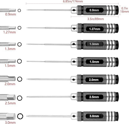 Hex Screwdriver Set - 7pcs Hex Allen Drive Kit 0.9mm 1.27mm 1.3mm 1.5mm 2.0mm 2.5mm 3.0mm Key Repair Tools for Traxxas Arrma Losi Redcat RC Cars Models FPV Drone Helicopter