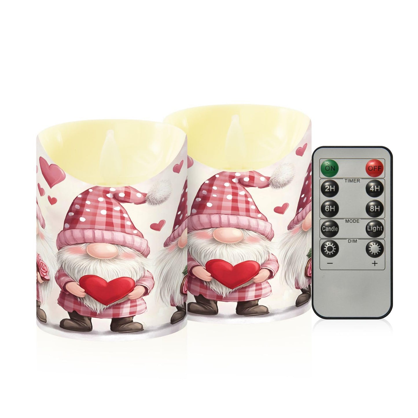 Valentines Day Gnome Pink Rose Flowers Hearts Flameless Candles with Remote Timer,LED Flickering Battery Operated Electric Pillar Tea Light Candles for Wedding Table Christmas Decorations 3" x5.9"