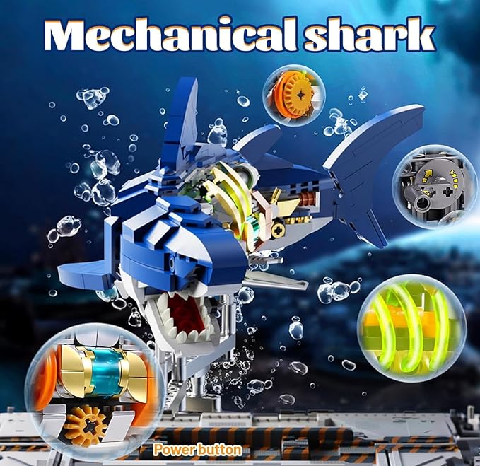 Mechanical Shark Fish Building Block Set687 PCS Movable Ocean Animals Decor Collection Toy Compatible with Lego Sets for Boys 8-14STEM Birthday Gift for Adults Women Girls Boys Age 8-12(with LED)