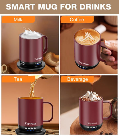 Kepwam Self Heating Coffee Mug T1-16oz Fast Heating & Ultra Long-Lasting Battery Life, Heated Coffee Mug Up to 149℉ - Touch & App Controlled Coffee Mug, Birthday Gifts for Women and Men