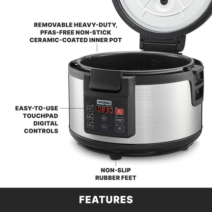Waring Commercial Rice Cooker, 60-Cup Cooked (30-Cup Raw) Capacity, PFAS-Free Ceramic Inner Pot, Keeps Warm for 8 Hours, Double-Wall Stainless Steel Construction, Restaurants & Catering, WRC60