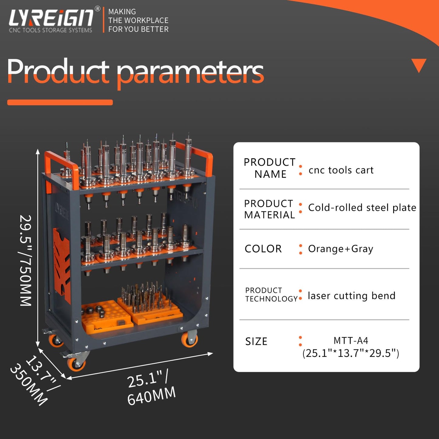 LYREIGN BT50 CNC Tool Holder Transfer Cart, Multi-Function Workshop Trolley with Wheels, Tool Holder Station for Storehouse, Factory, Garage