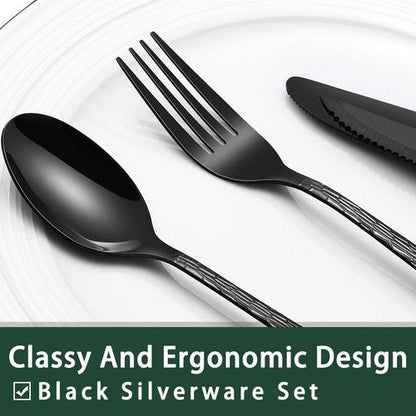 EWFEN 24-Piece Black Silverware Set with Steak Knives, Black Flatware Set for 4, Food-Grade Stainless Steel Tableware Cutlery Set, Mirror Finished Utensil Sets for Home Restaurant, Tree Pattern