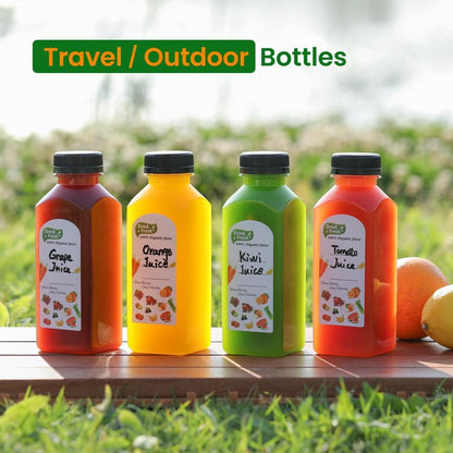 24 PACK, 12 OZ Reusable Plastic Juice Bottles with Caps, Plus 24 Labels & 2 Silicone Funnels - Clear Juicing Bottles for Juice, Smoothies, Ginger, Tea, Coffee - Food Grade & Leakproof Travel Bottles