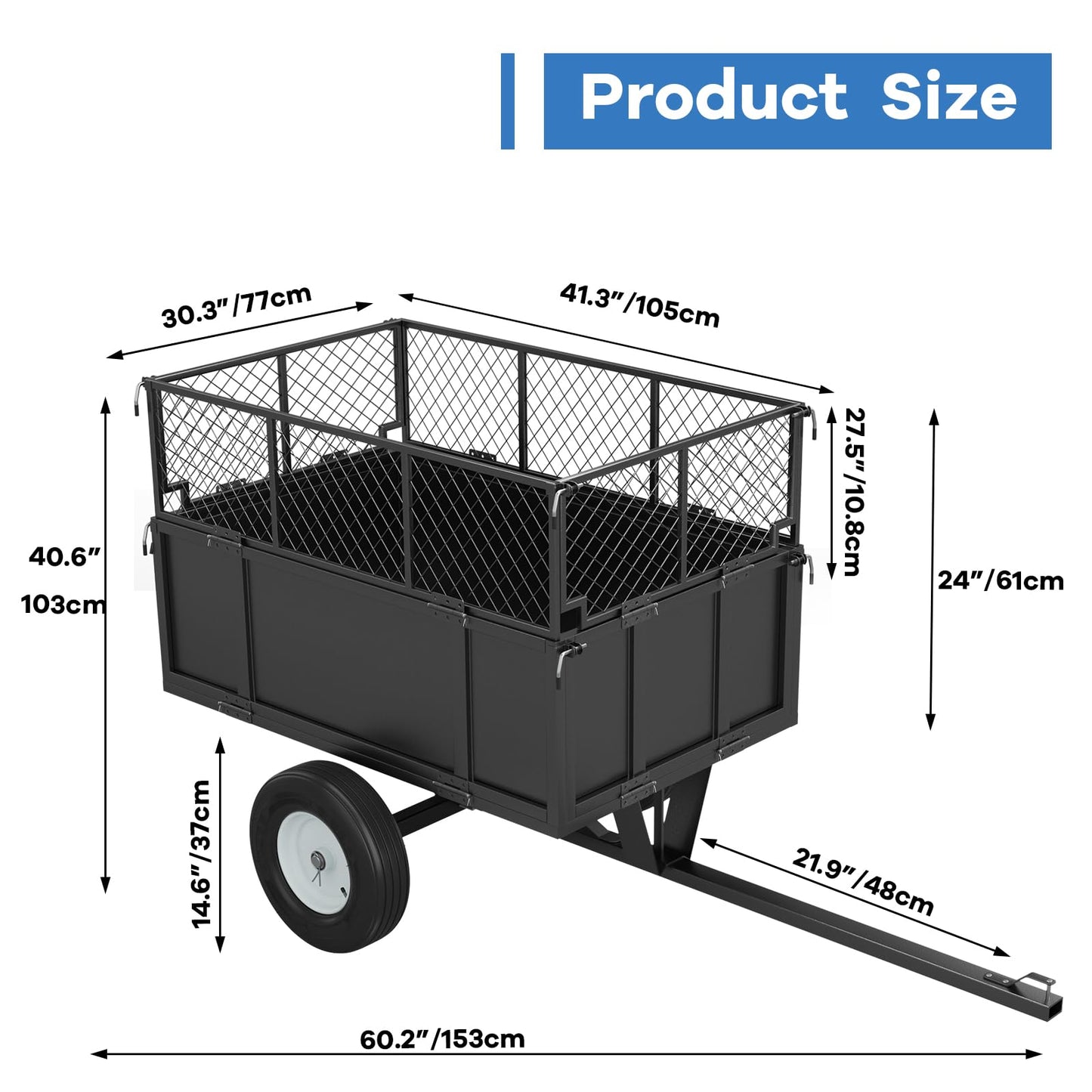 Heavy Duty Steel Utility Dump Trailer – 17 Cu.Ft Garden Cart with Removable Mesh Sides & Pneumatic Tires, 750 Lbs Tow Behind Trailer for ATV, UTV, Lawn Tractor Hauling in Yard & Farm, Black
