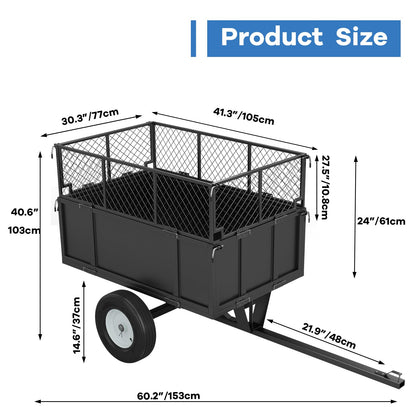 17 Cu.ft Heavy-Duty Steel Dump Trailer Cart, 750 Lb Capacity Tow-Behind Utility Trailer with Removable Mesh Sides & Pneumatic Tires for ATV, UTV, Lawn Tractor, Yard & Farm Hauling, Black