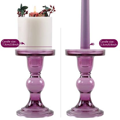 GMWD 3 Pcs Glass Candle Holder Set Clear, Purple Candlesticks Holders Pillar Taper Candles Tealight Stand for Wedding Centerpieces Home Decorations Dining Table