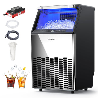 EUHOMY Under Counter Ice Maker with Drain Pump, 120 lbs/24H Commercial Ice Machine, Stainless Steel Ice Maker with 33 lbs Storage Bin, Freestanding Ice Maker for Home/Bar/Cafe/Restaurant