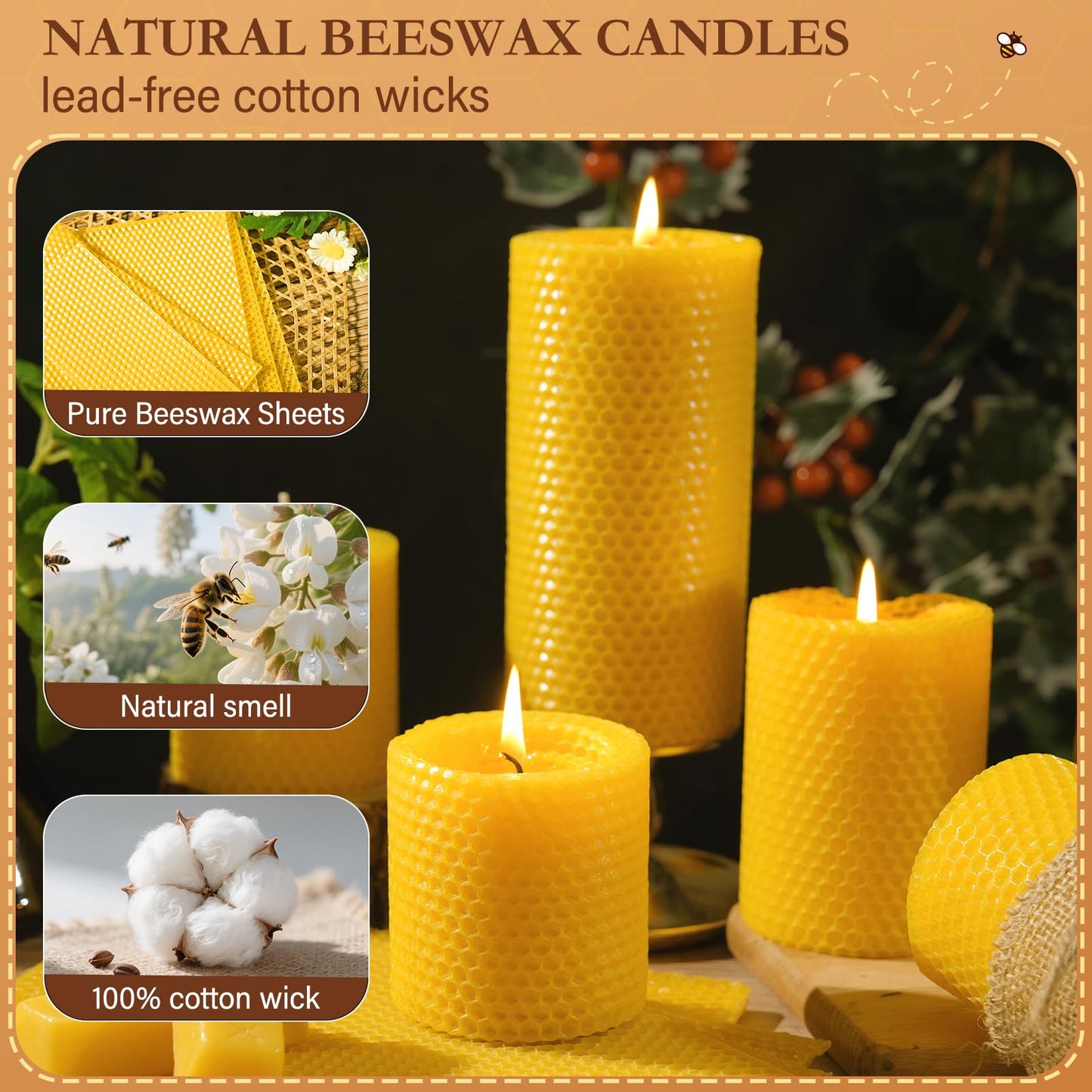 Beeswax Pillar Candles,Hand Rolled Honeycomb Design,3 Sizes,100 Hours Total