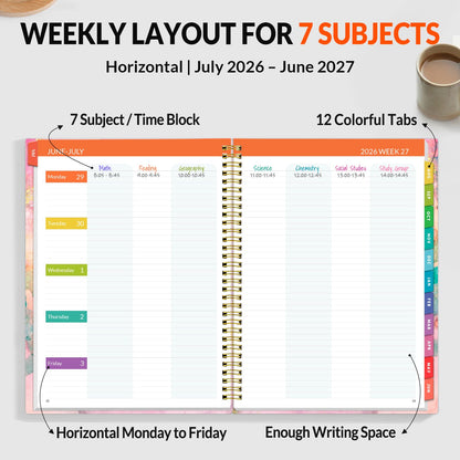SUNEE Teacher Planner 2026-2027 Academic Year, Lite Lesson Planner Book with 7 Periods Jul 2026 - Jun 2027, 8.5"x11" Daily Weekly and Monthly Organizers, Plan Book with Pocket, Color Tabs, Pink Marble