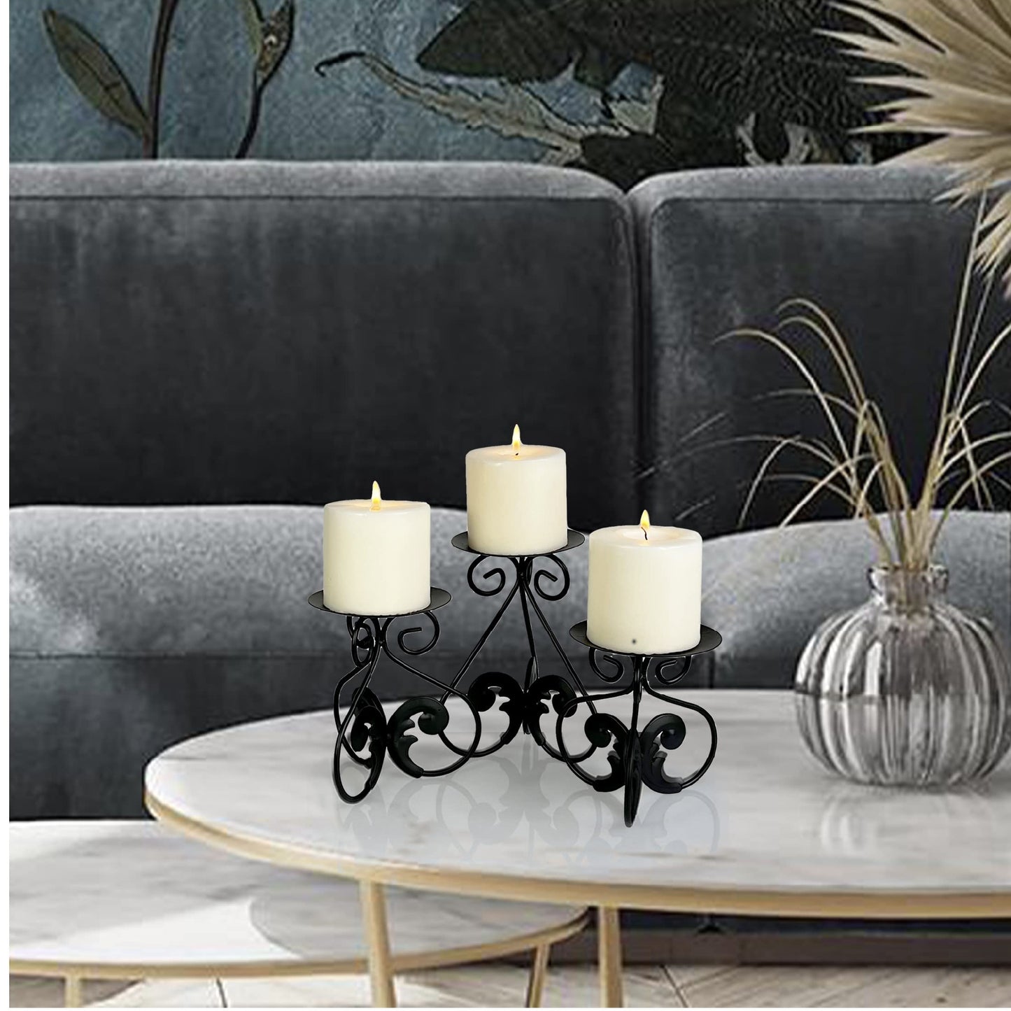 Lily’s Home Elegant Scrollwork Fleur De Lis Pillar Candle Holders, Wax & LED Candle Stands, Black, Set of 3. Candles Not Included