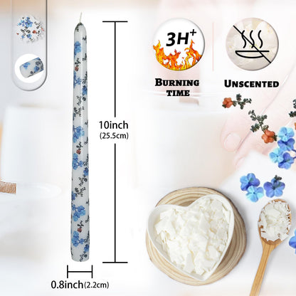 Unscented Floral Taper Candle Spiral Candlesticks - Set of 4 Handmade Blue Red Flower 10 Inch Long Candle Sticks Print Tapered Candles for Home Wedding Dinner Gifts