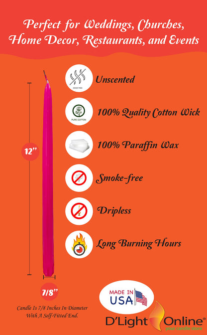 D'light Online Premium Quality Elegant 12" Berry Hot Pink - Fuchsia Taper Candles Premium Quality Hand-Dipped Tapered Candles, Dripless and Smokeless - Set of 12 Individually Wrapped (12 Inch, Berry)