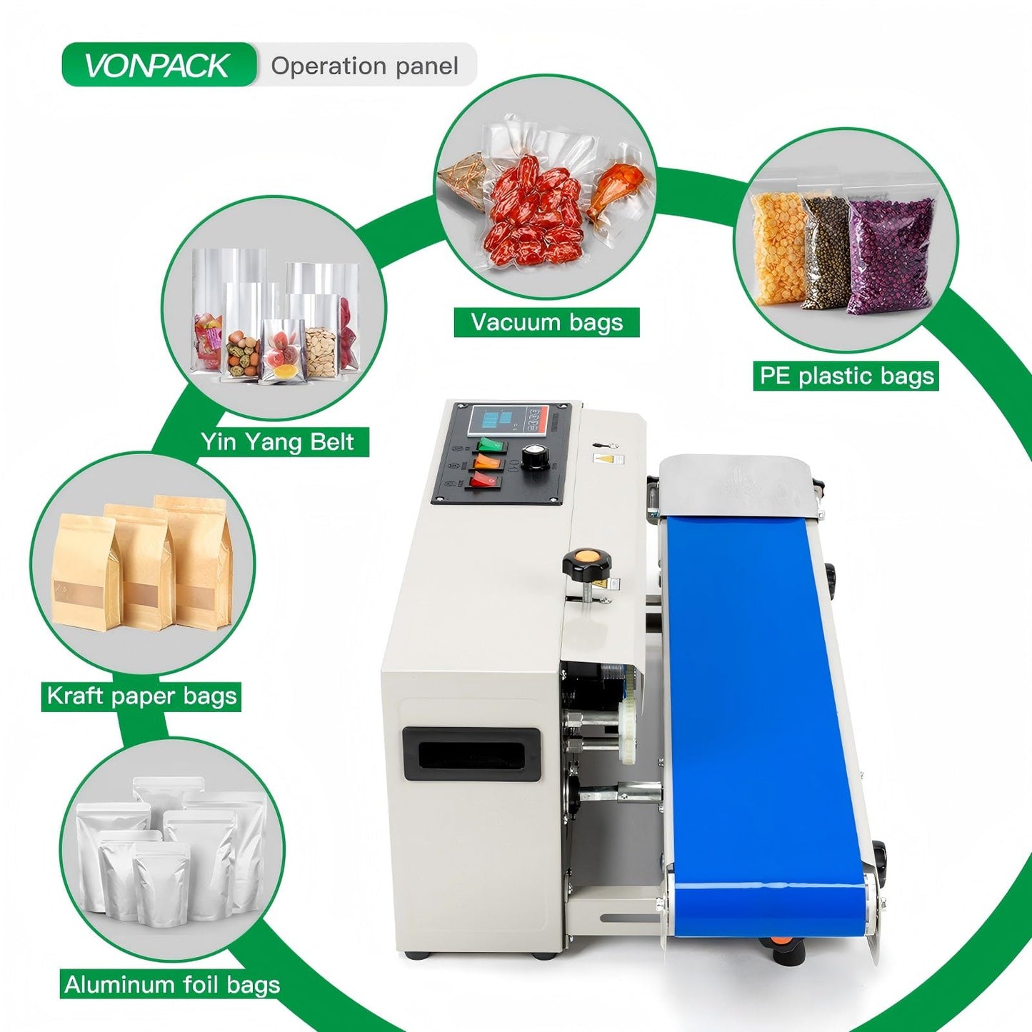 VONPACK FR-900 Automatic Continuous Band Sealing Machine, 220V Bag Sealer Industrial Factory Kitchen Packing Machine Heat Sealing Adjustable Intelligent Temperature Control for Plastic Bag Food Film