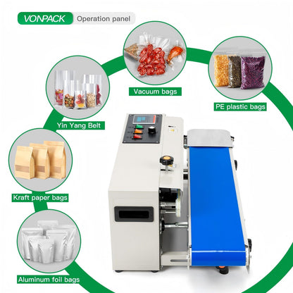 VONPACK FR-900 Automatic Continuous Band Sealing Machine, 220V Bag Sealer Industrial Factory Kitchen Packing Machine Heat Sealing Adjustable Intelligent Temperature Control for Plastic Bag Food Film
