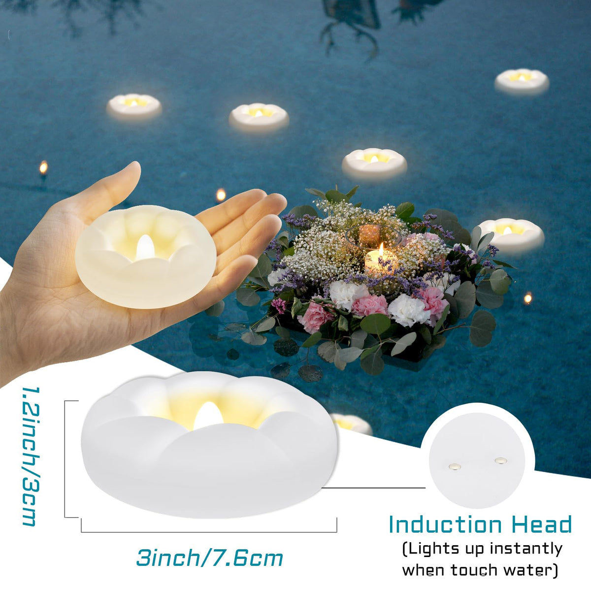 24PACK Flameless LED Floating Candles, 3'' Battery Operated Plastic Flickering Waterproof Tealights for Cylinder Vases, Centerpieces at Wedding, Party, Pool, Holiday (Warm White)