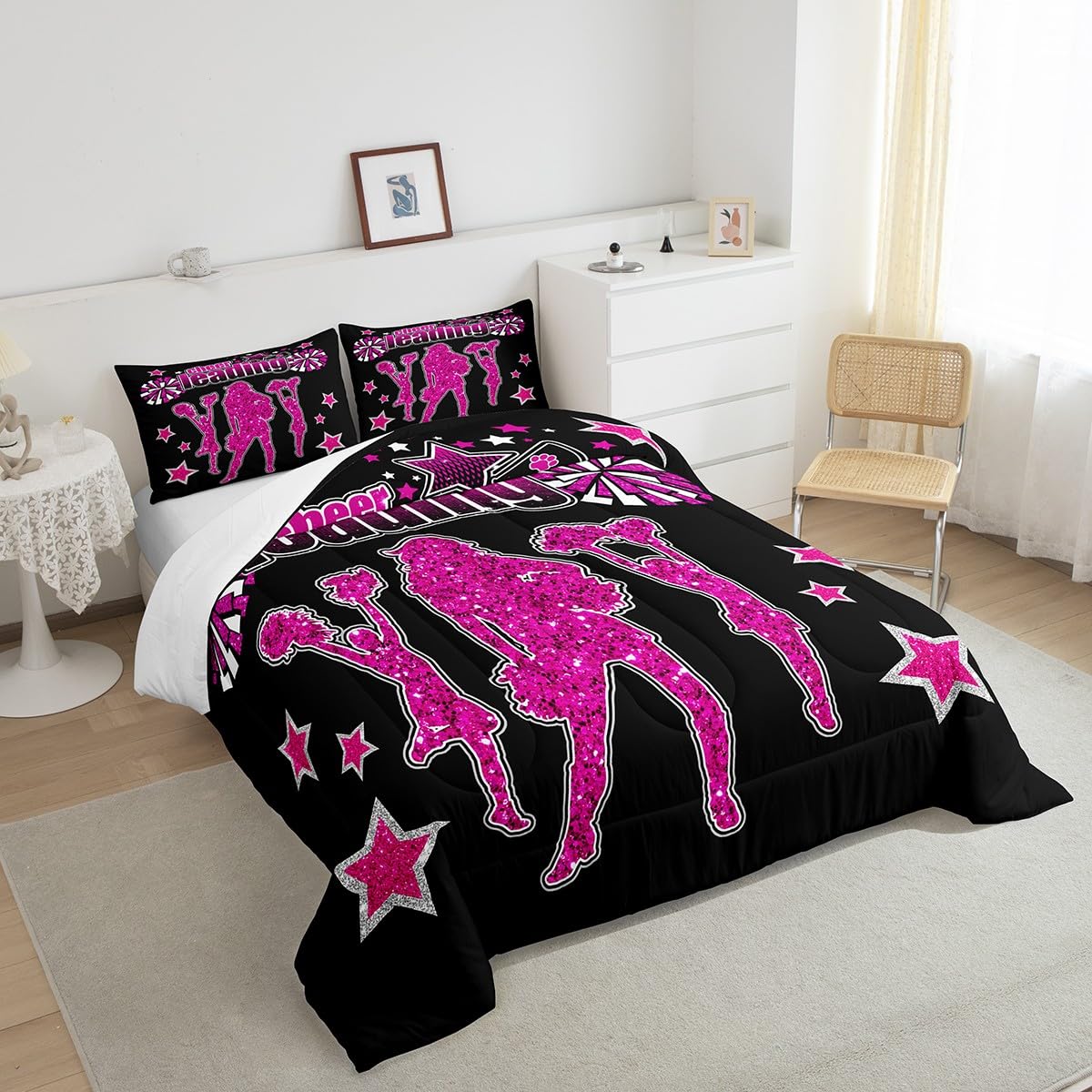 Cheering Team Comforter Set Twin Size,Gymnastics Cheerleading Bedding Set 2Pcs,Kids Girls Women Teens Bedroom Decor,Glitter Stars Rose Pink Quilted Duvet Black Fashion Duvet Insert,1 Pillowcase