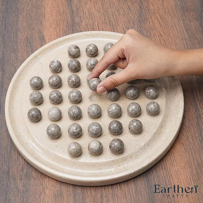 Marble Peg Solitaire Board Game 10 Inches Beige One Player Game Brain Teaser Puzzle with Oceanic Balls Tabletop Game for Family Only