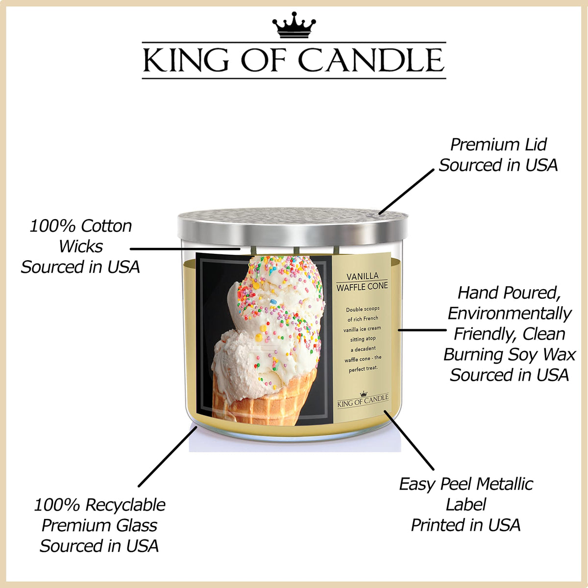 King of Candle - Vanilla Waffle Cone Candle | Large 3 Wick Highly Scented Soy Wax/Long Lasting/Vanilla Bean Ice Cream Scented Candle | 14 oz + Decorative Lid